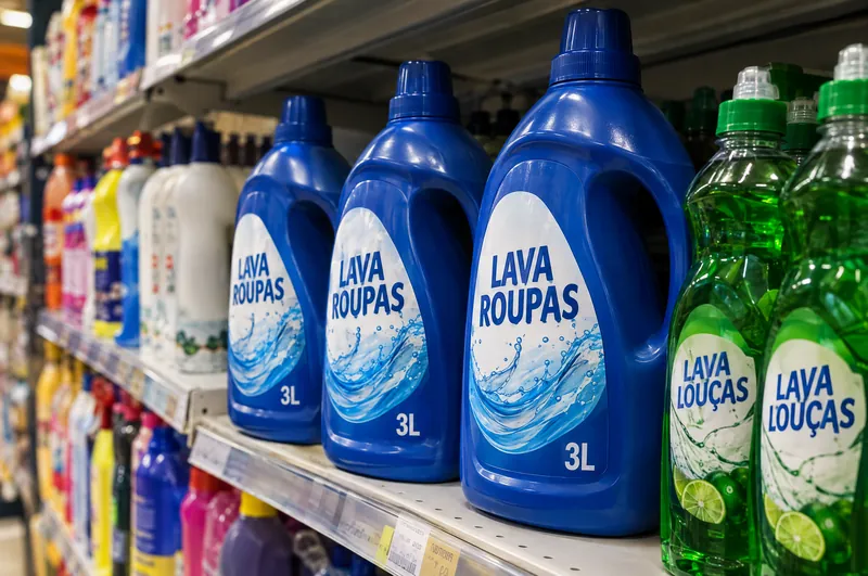 Frascos de lava roupas e lava louças com rótulos impressos na gôndola do supermercado